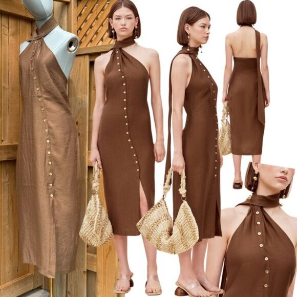 🆕 CULT GAIA 🧿 NWOT Romia Button-Detail Dress, Affogato Brown - Sz L - Picture 1 of 12